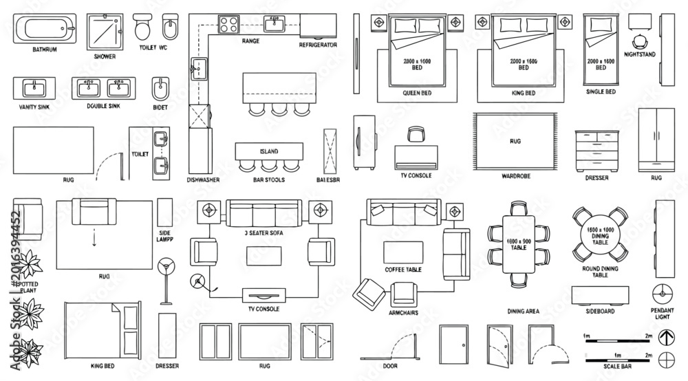 Naklejka premium Interior design furniture and architectural symbols for floor plans, top view of home furnishing elements