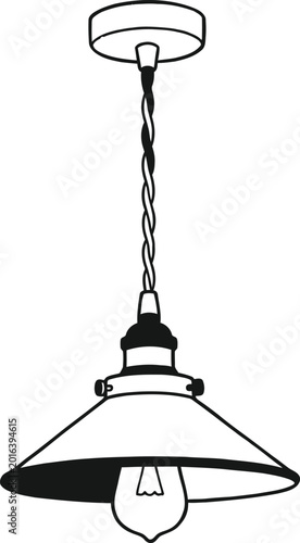 Vintage pendant light fixture icon with Edison bulb and twisted cord design art.