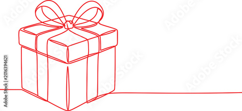 Single red line gift box with ribbon bow illustration on transparent background.
