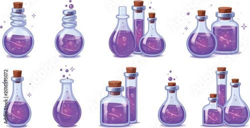Foto Magic potion glass bottles with glowing purple liquid and sparkling bubbles for fantasy game interface and mystical graphic designs