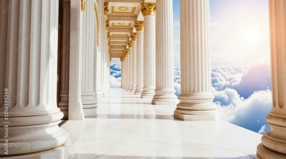 Obraz premium White marble colonnade stretches towards bright cloudy sky. Golden ceiling details gleam above columns. Path leads through clouds to divine light and endless sky.