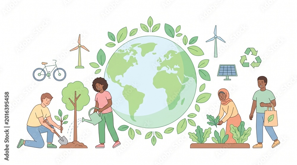 Fototapeta premium Diverse people engaging in eco-friendly activities around a green Earth globe a flat vector illustration promoting sustainability and environmental protection