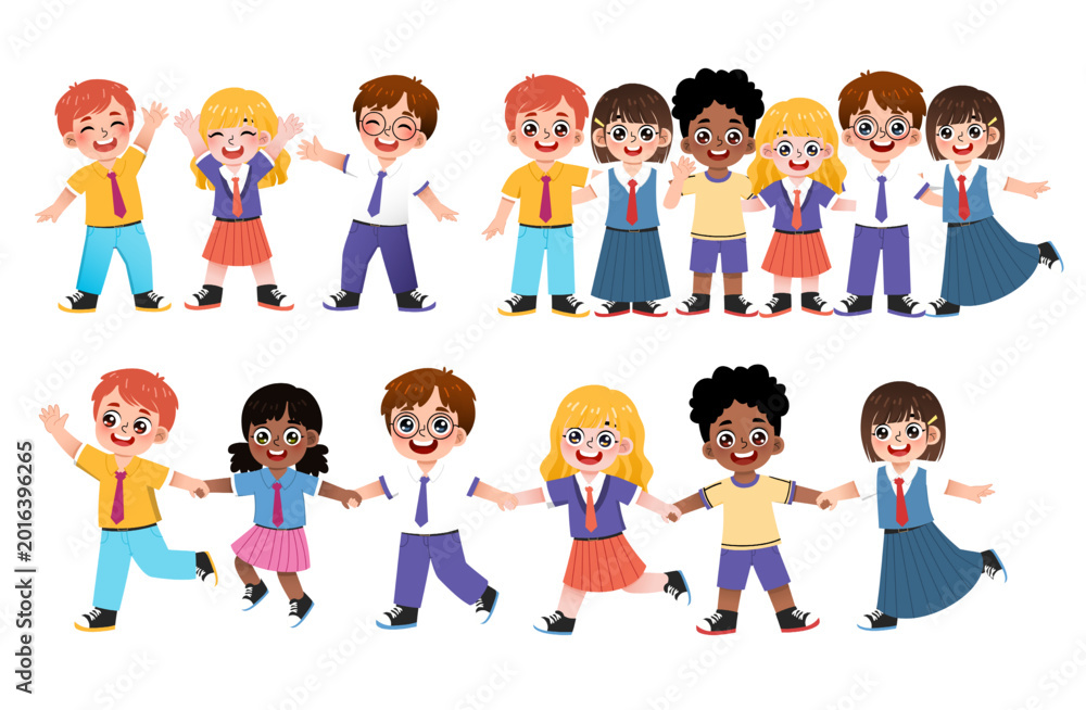 Fototapeta premium Vibrant illustration of diverse happy children walking and holding hands, fostering friendship and unity in school settings, symbolizing youth and positive social connections