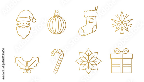 Golden Christmas line icons set, elegant holiday vector elements with Santa Claus and ornaments, luxury gold festive symbols for winter greeting cards