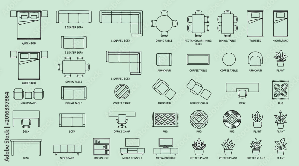 Obraz premium Furniture and interior design icons for floor plan layouts