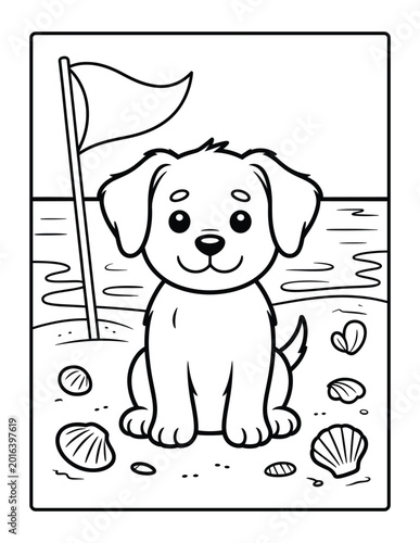 Coloring page with puppy on beach under north america sun for creative children hobby.