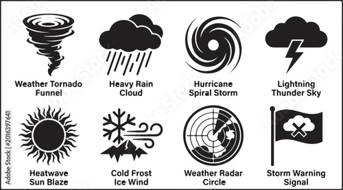 Weather icons, storm symbols, climate signs, forecast graphics, 8 weather condition illustrations