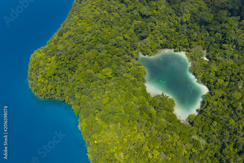 A small marine lake is surrounded by a limestone island covered by lush forest in Palau's lagoon. This island-nation is a popular destination for divers, snorkelers, kayakers, and World War II buffs. 