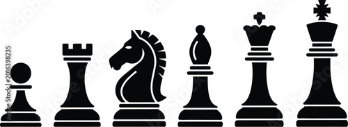 Fotografi Chess pieces icon set featuring black silhouettes of pawn rook knight bishop queen and king isolated on a white background