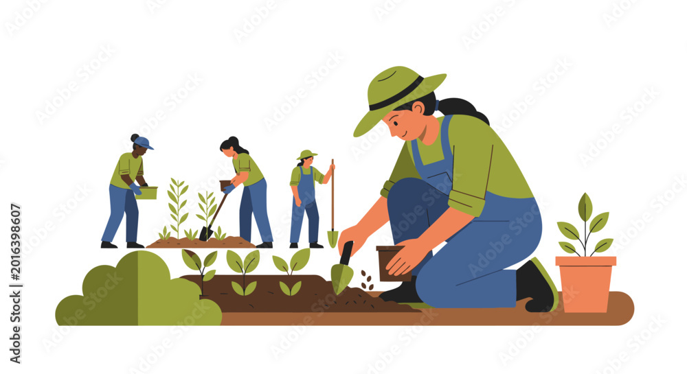 Fototapeta premium Diverse Women Planting Seedlings in Community Garden Illustration - Sustainability and Urban Farming Concept Vector