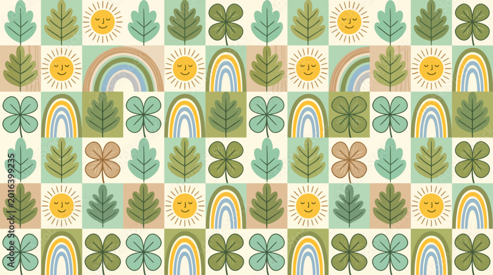 Fototapeta premium Cheerful Seamless Pattern featuring Whimsical Suns, Vibrant Rainbows, Lucky Four-Leaf Clovers, and Lush Green Leaves on a Natural Backdrop
