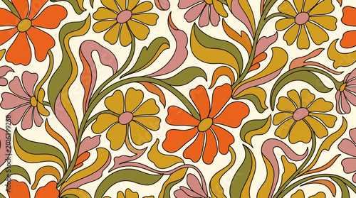 Schilderij op canvas Seamless retro floral pattern with vibrant orange, yellow, and pink flowers, flo