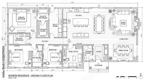 Konstfotografi Modern residence ground floor plan with furniture layout and dimensions