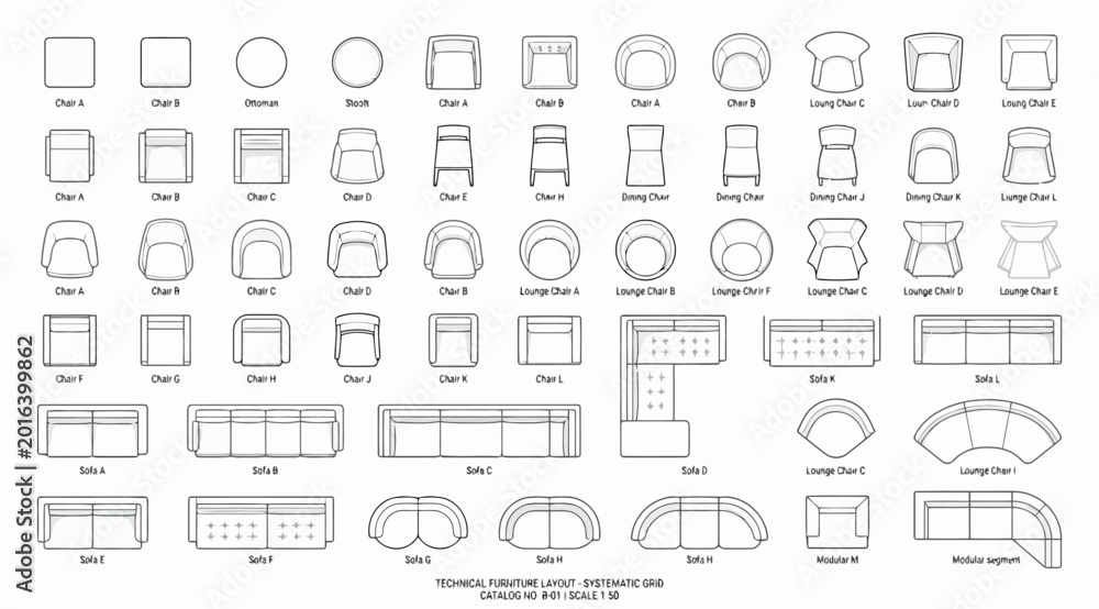 Fototapeta premium Technical furniture layout symbols set for architectural floor plans