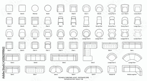 Quadro su tela Technical furniture layout symbols set for architectural floor plans