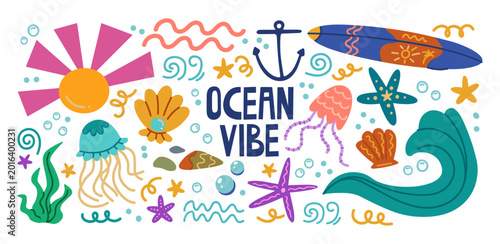 Photography Ocean vibe illustration with summer beach elements surfboard jellyfish starfish