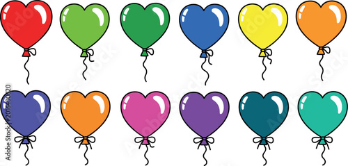 Valentine heart balloon doodle , illustration, collection with romantic party decorations,Cute heart shaped balloon vector doodle set for love, wedding and celebration themes