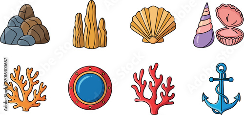 Ocean marine doodle vector set with coral reef, seashell, seaweed and lifebuoy icons,Coastal sea life doodle illustration set with shell, coral, sea plants and rescue ring