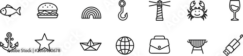Fishing doodle vector set with hook, bobber, net and angling gear line art