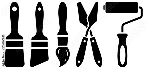 Tablou pe pânză Collection of painting tools icon silhouettes including brushes and a roller