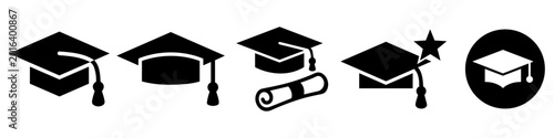 Graduation cap and diploma icon set for education and ceremony