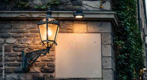 Vintage stone wall with illuminated outdoor lantern and white door