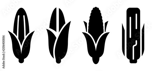 Corn on the cob icon set with black silhouettes of maize in various styles for food design