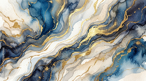 Abstract Blue and Gold Fluid Art Waves with Marble Texture and Swirling Lines
