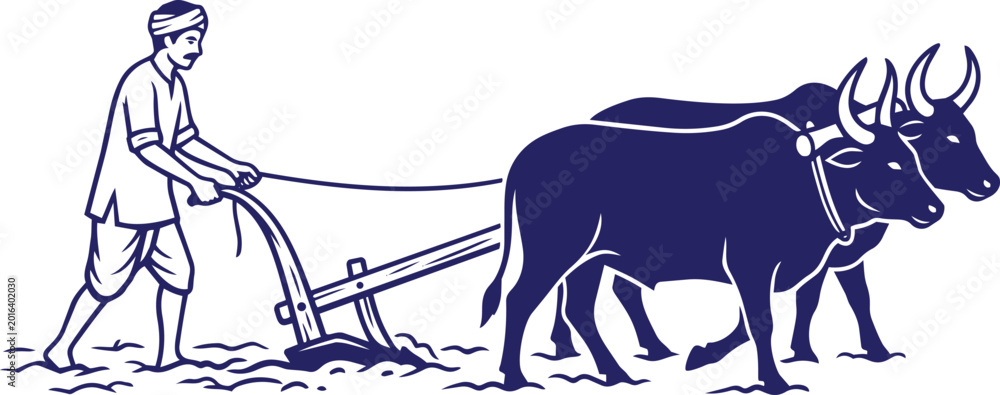 Фотография Man plowing field with two oxen.