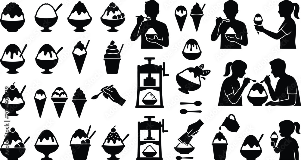 Obraz premium Black and white dessert and ice cream icons collection isolated on white background, Vector