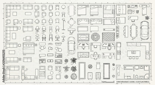 Schilderij op canvas Furniture and object legend for floor plan symbols