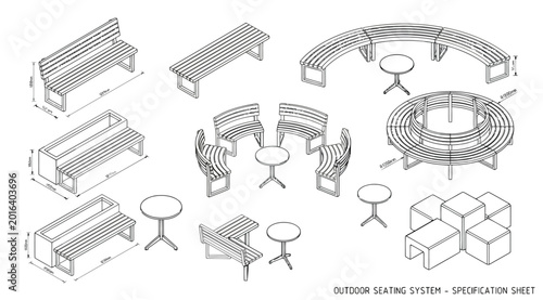 Bild auf Leinwand Outdoor seating system specification sheet with isometric furniture components