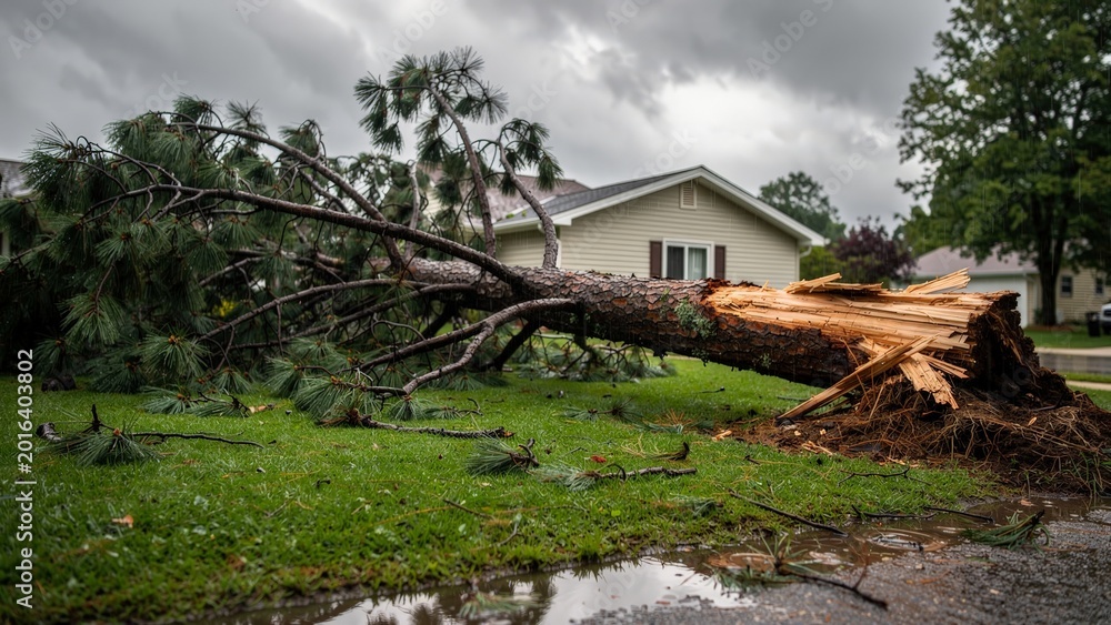 Fototapeta premium The aftermath of a storm with a fallen tree on a residential lawn, highlighting the importance of property management and risk assessment in the face of natural disasters.