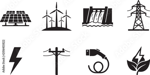 Foto Renewable Energy Icons, Solar Power Symbols, Electricity Signs, Sustainable Vect
