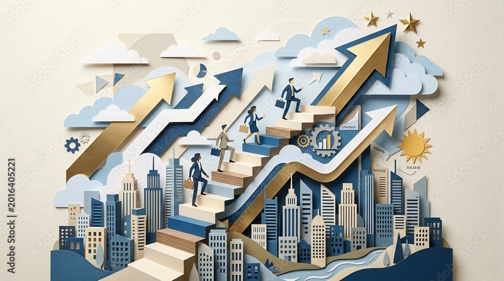 Fototapeta premium Paper cut art illustration of business professionals climbing stairs toward upward arrows and stars in a city skyline