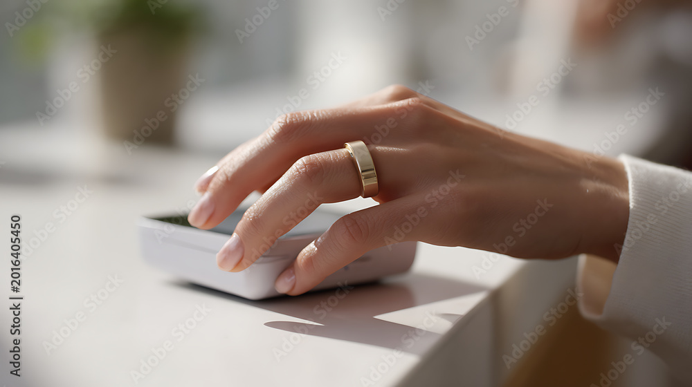 Fototapeta premium Close up female hand interact with a white modern tech device on a light desk, featuring a simple ring, showcasing current technology use and connection