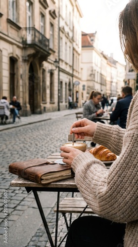 Faceless Woman in Knit Sweater at Outdoor Café Table with Coffee and Book, European City Morning Scene
