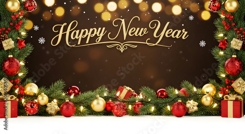 Festive christmas and new year decorations with gifts ornaments and garland