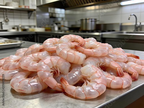 Large pile of raw shrimp on stainless steel counter in commercial restaurant kitchen
