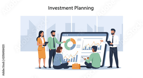 Team of professionals collaborating on investment planning with charts and graphs on a large screen.