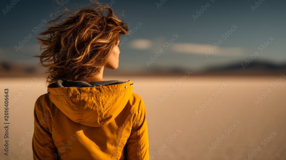 Fototapeta premium Woman Standing Alone on the Edge of a Vast Salt Flat Landscape