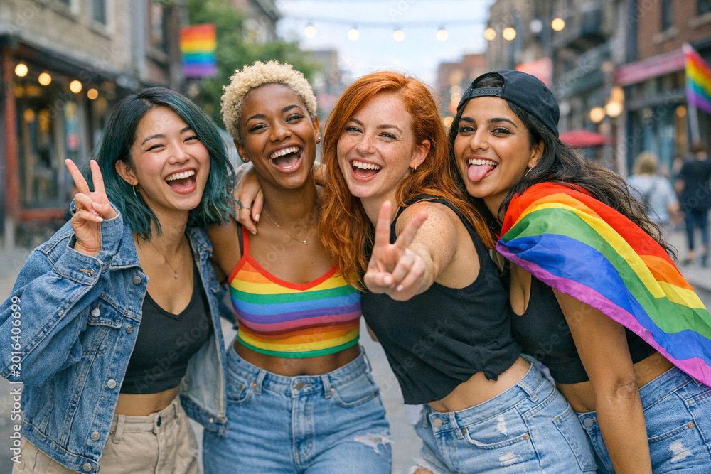 Fototapeta premium Five joyful women pose together on a lively street. One wears a rainbow scarf and smiles broadly. They laugh, gesture, and show affection for each other