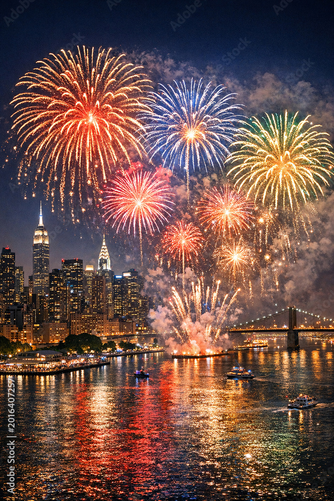 Obraz premium Vibrant display of fireworks illuminating the cityscape at dusk.