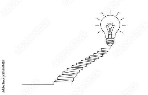 Illustration of  businesswoman start walking on electricity line as stairway to big idea lightbulb.