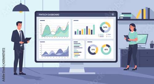 Business professionals analyzing data on a large monitor displaying various charts and graphs in an office setting.