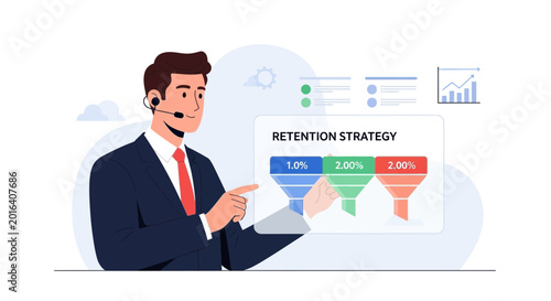 Business man presenting retention strategy with sales funnel analytics