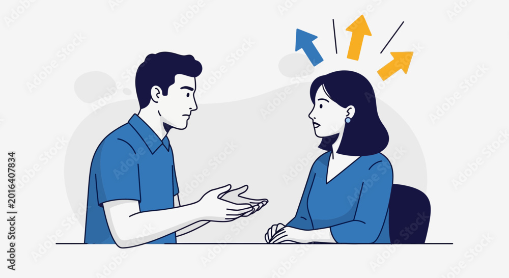 Fototapeta premium Man Explaining Ideas to Woman with Arrows Representing Concepts