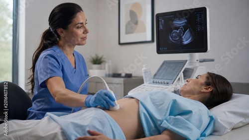 Professional female sonographer in blue scrubs performing a prenatal ultrasound scan on a pregnant woman in a modern clinic, displaying a clear fetal image on the medical monitor.