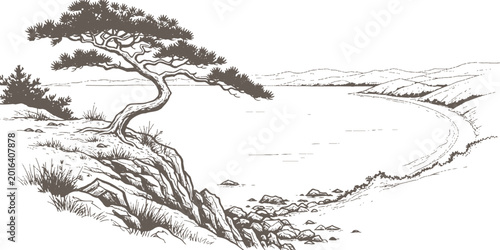 Canvas Print Hand drawn coastal landscape with old pine tree on a cliff overlooking the sea vector illustration