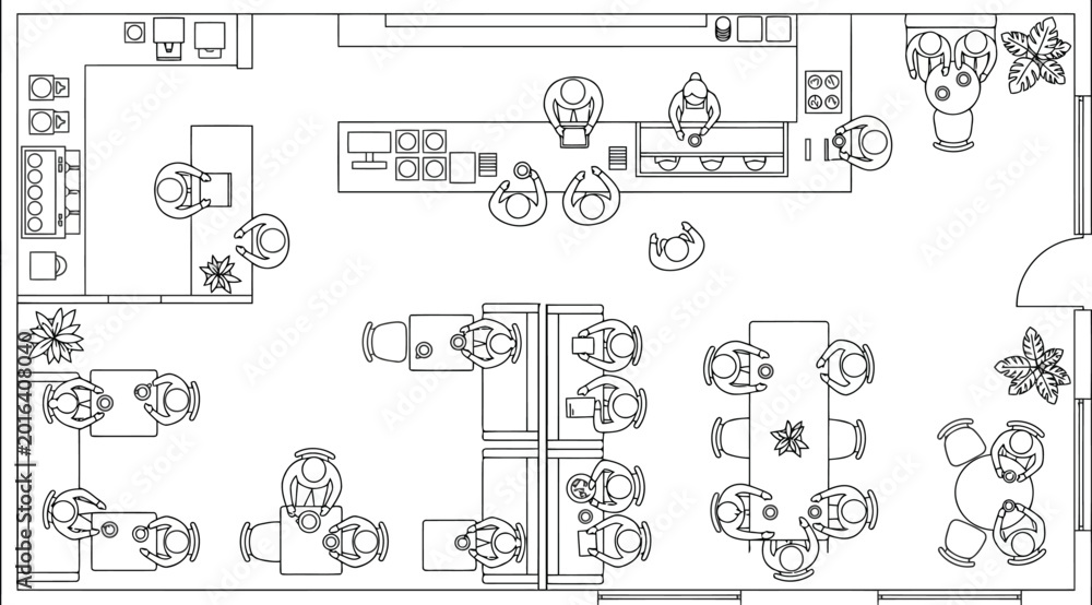 Obraz premium Top view floor plan of a coffee shop interior with bar counter, tables, and seating